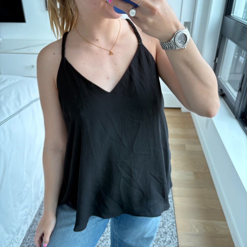AQUA Sleeveless V-Neck Braided Tassel Strap Tank Top Black Size Medium